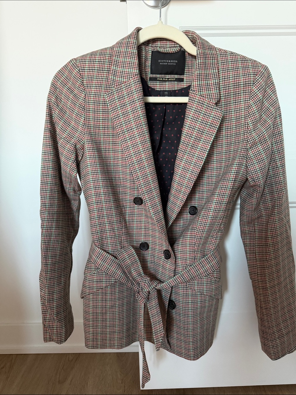 Scotch & Soda Checked Double-Breasted Blazer with Tie in Red and Black